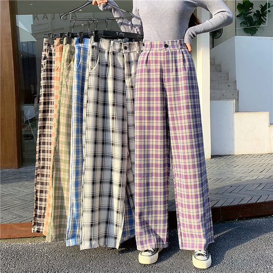 Simple Vintage Plaid Causal Long Women Pants Street Fashion Straight Wide Leg Pant