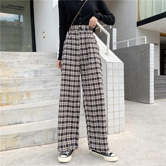 Simple Vintage Plaid Causal Long Women Pants Street Fashion Straight Wide Leg Pant