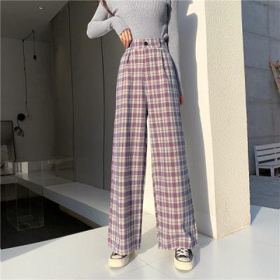 Simple Vintage Plaid Causal Long Women Pants Street Fashion Straight Wide Leg Pant